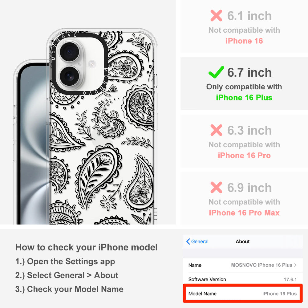 Black Paisley Phone Case - iPhone 16 Plus Case - MOSNOVO