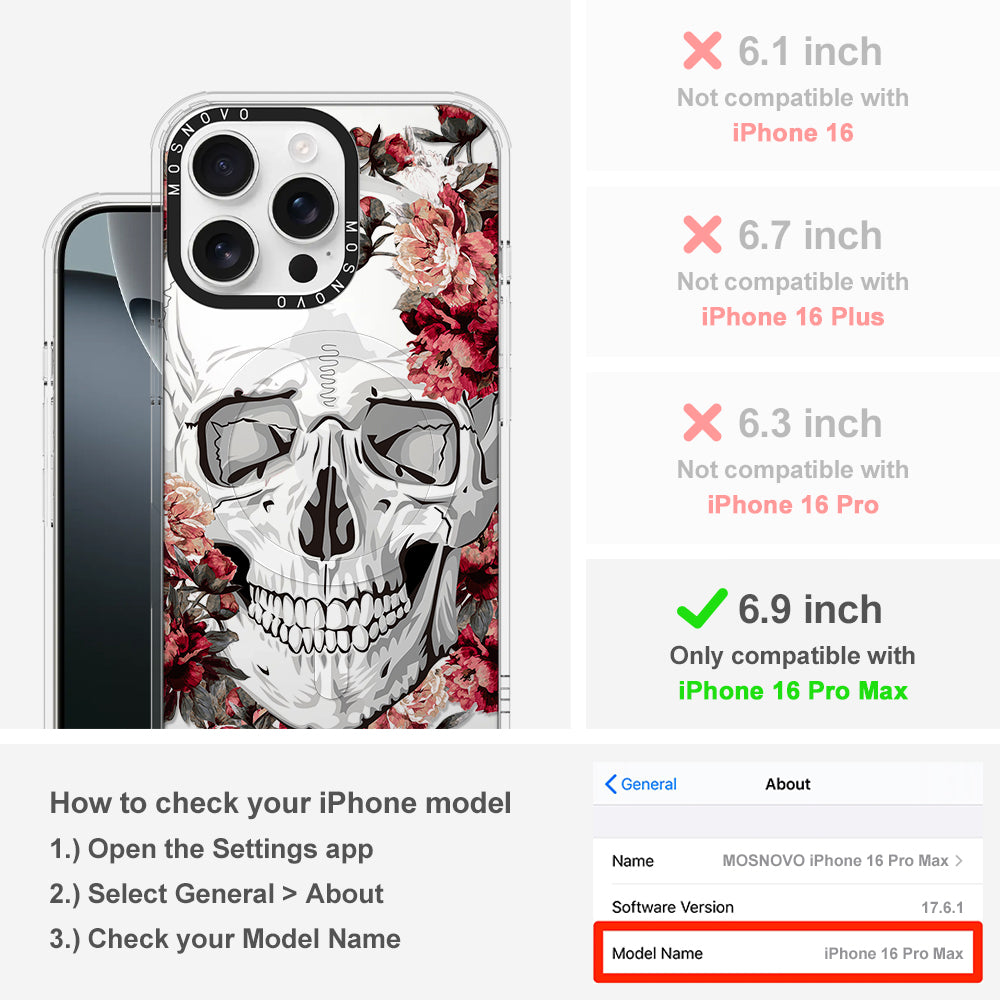 Red Flower Skull Phone Case - iPhone 16 Pro Max Case Clear With Magsafe