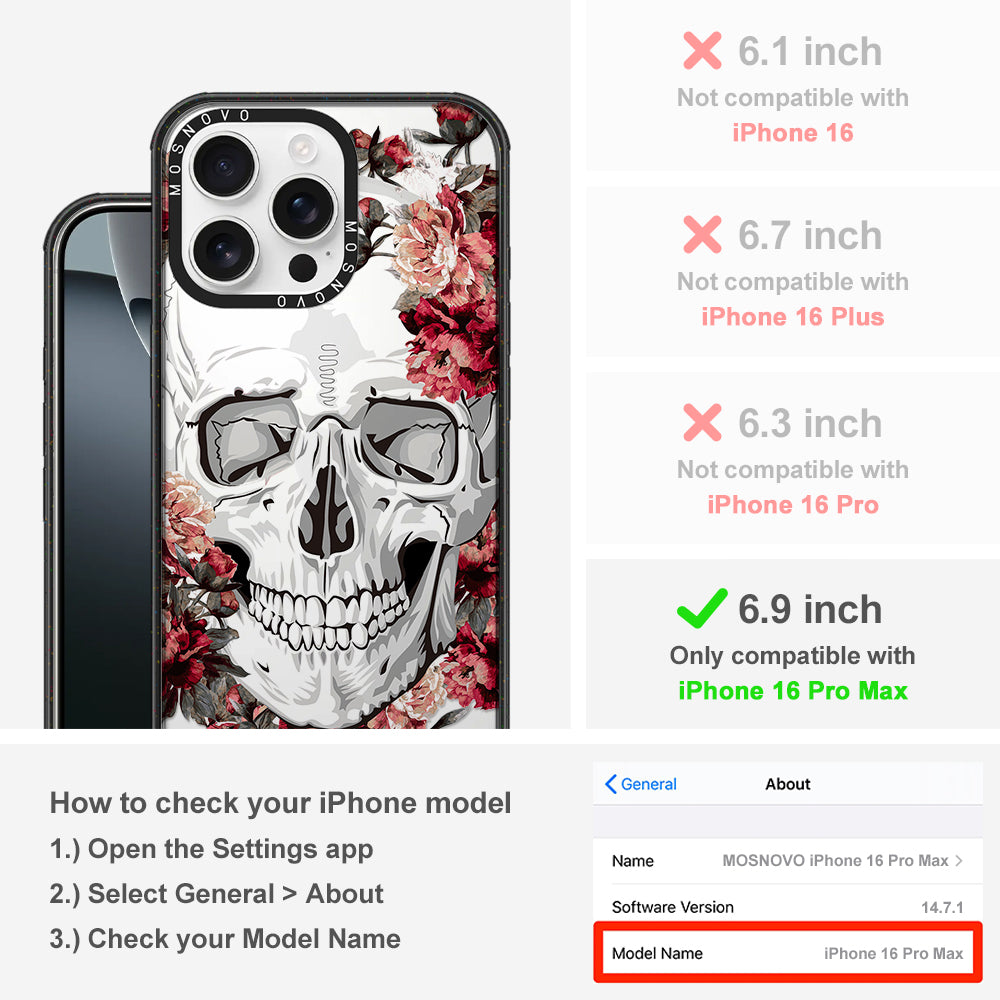 Red Flower Skull Phone Case - iPhone 16 Pro Max Case Clear Black ShockStone