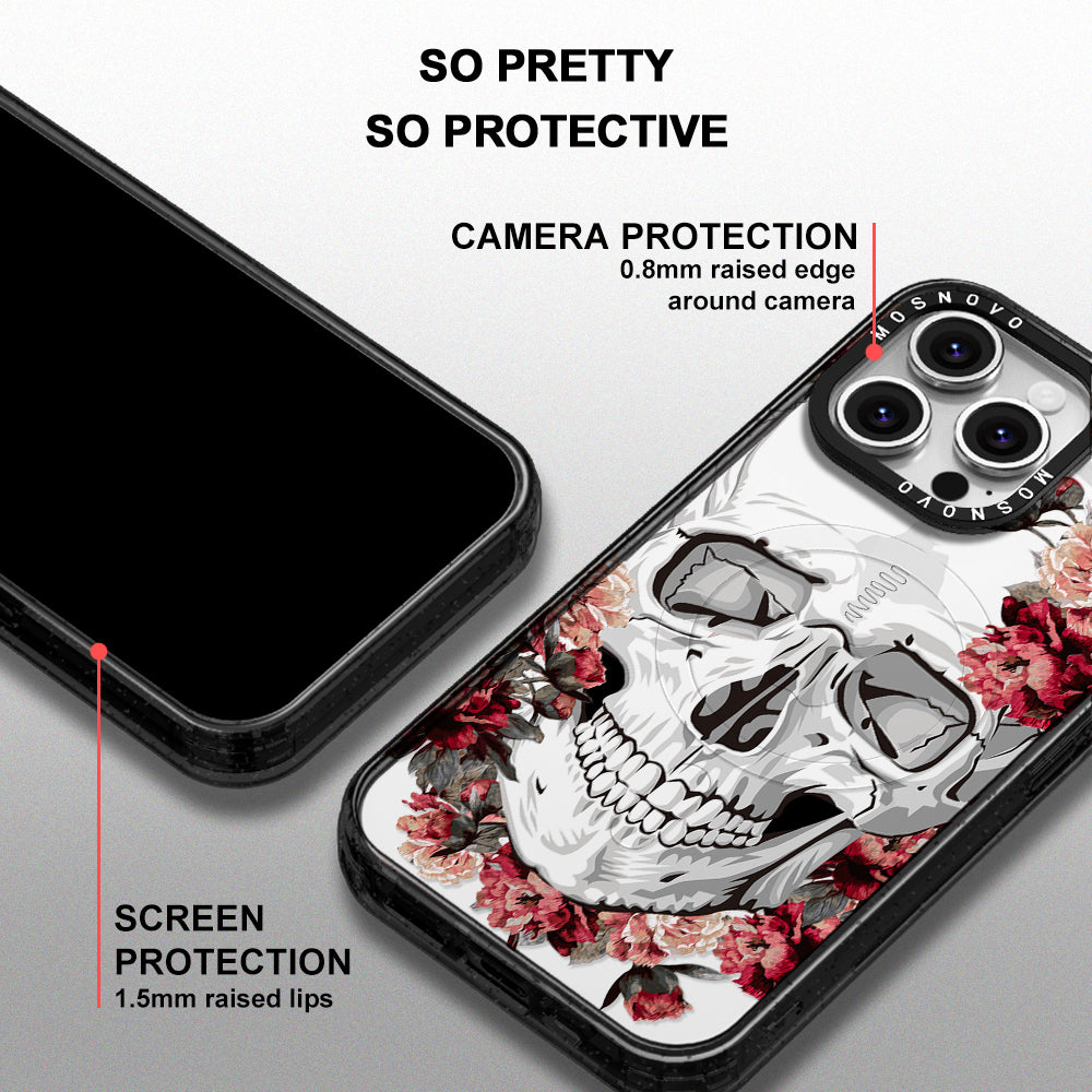 Red Flower Skull Phone Case - iPhone 16 Pro Max Case Clear Black ShockStone With MagSafe