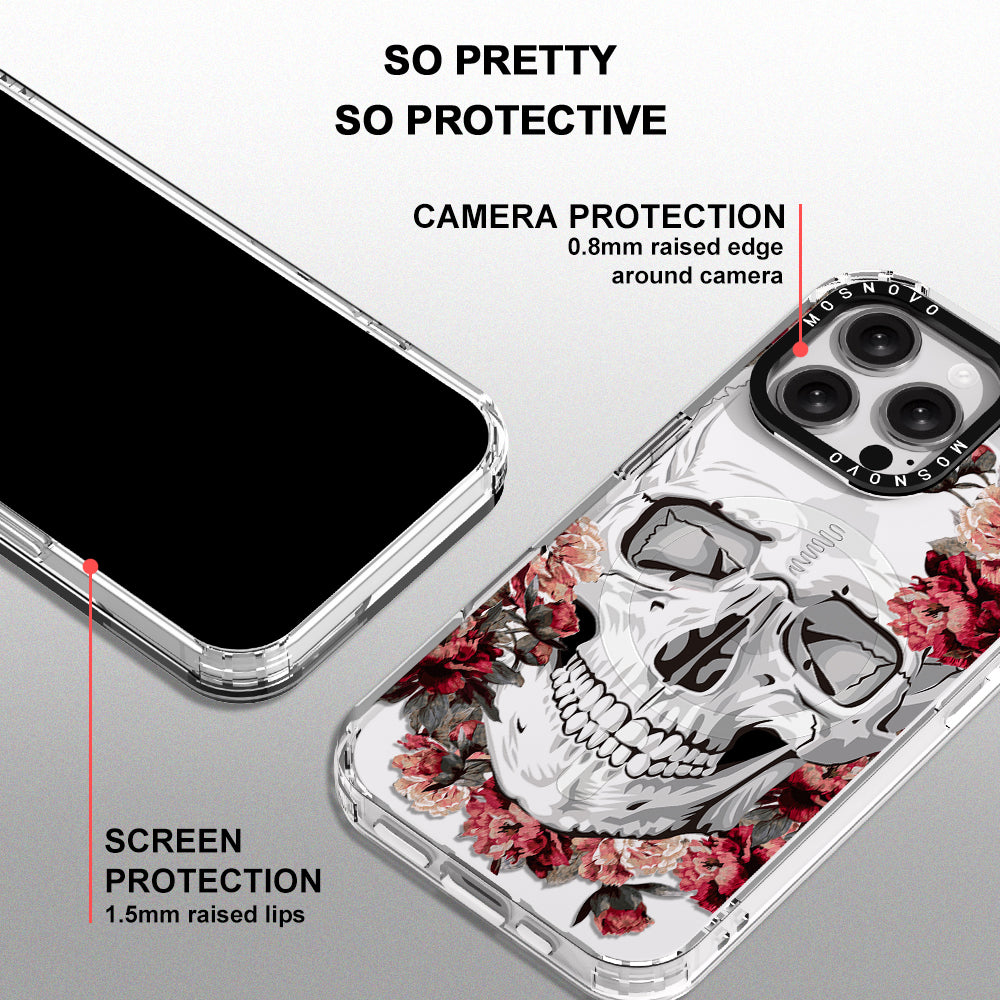 Red Flower Skull Phone Case - iPhone 16 Pro Max Case Clear With Magsafe