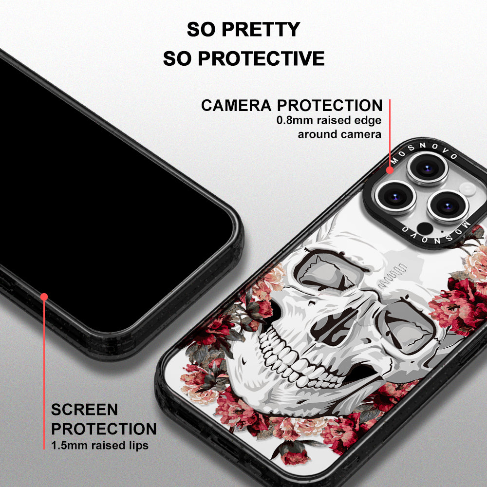 Red Flower Skull Phone Case - iPhone 16 Pro Max Case Clear Black ShockStone