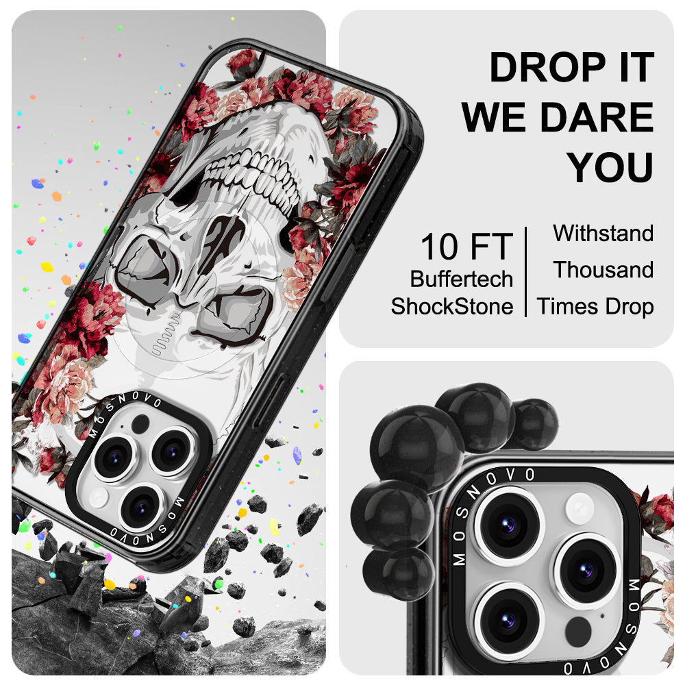 Red Flower Skull Phone Case - iPhone 16 Pro Max Case Clear Black ShockStone With MagSafe