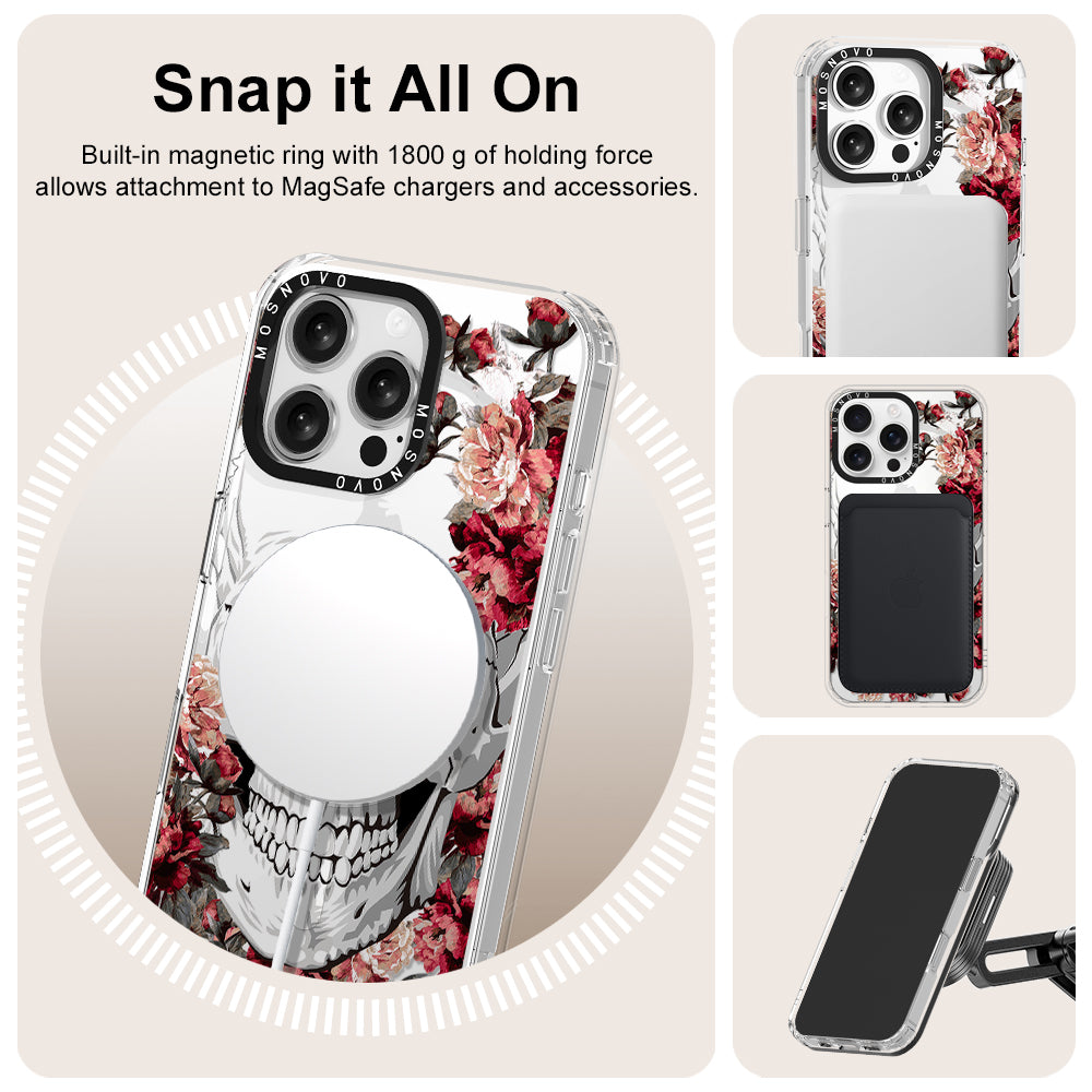 Red Flower Skull Phone Case - iPhone 16 Pro Max Case Clear With Magsafe