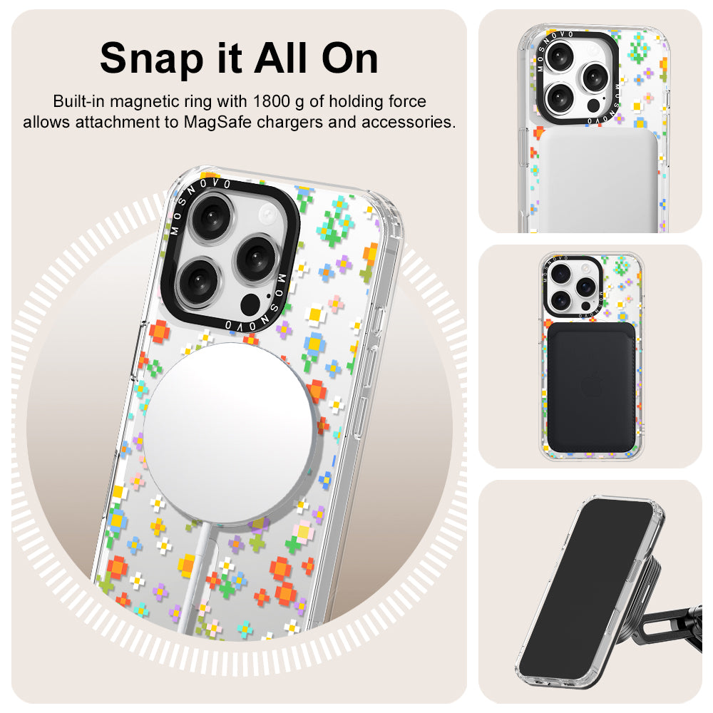 Pixel-Floral Phone Case - iPhone 16 Pro Case Clear With Magsafe