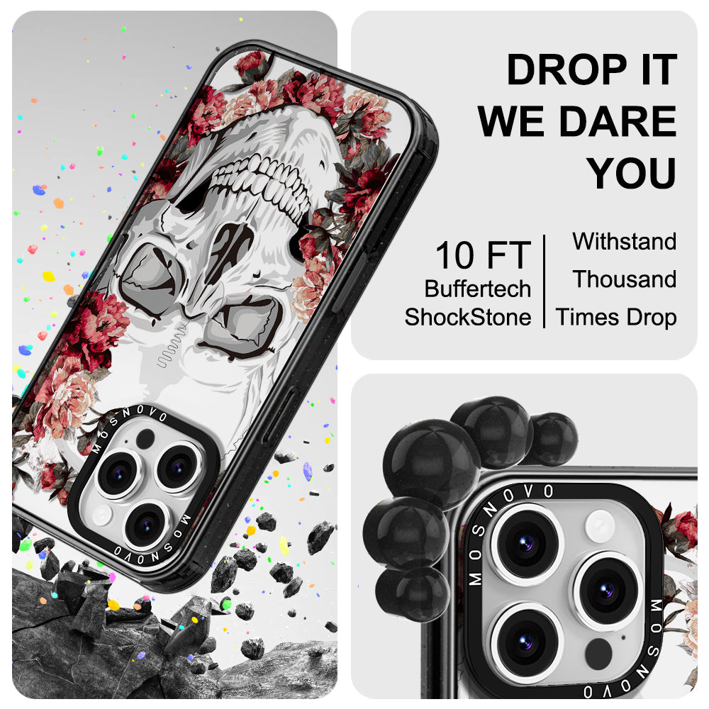 Red Flower Skull Phone Case - iPhone 16 Pro Max Case Clear Black ShockStone