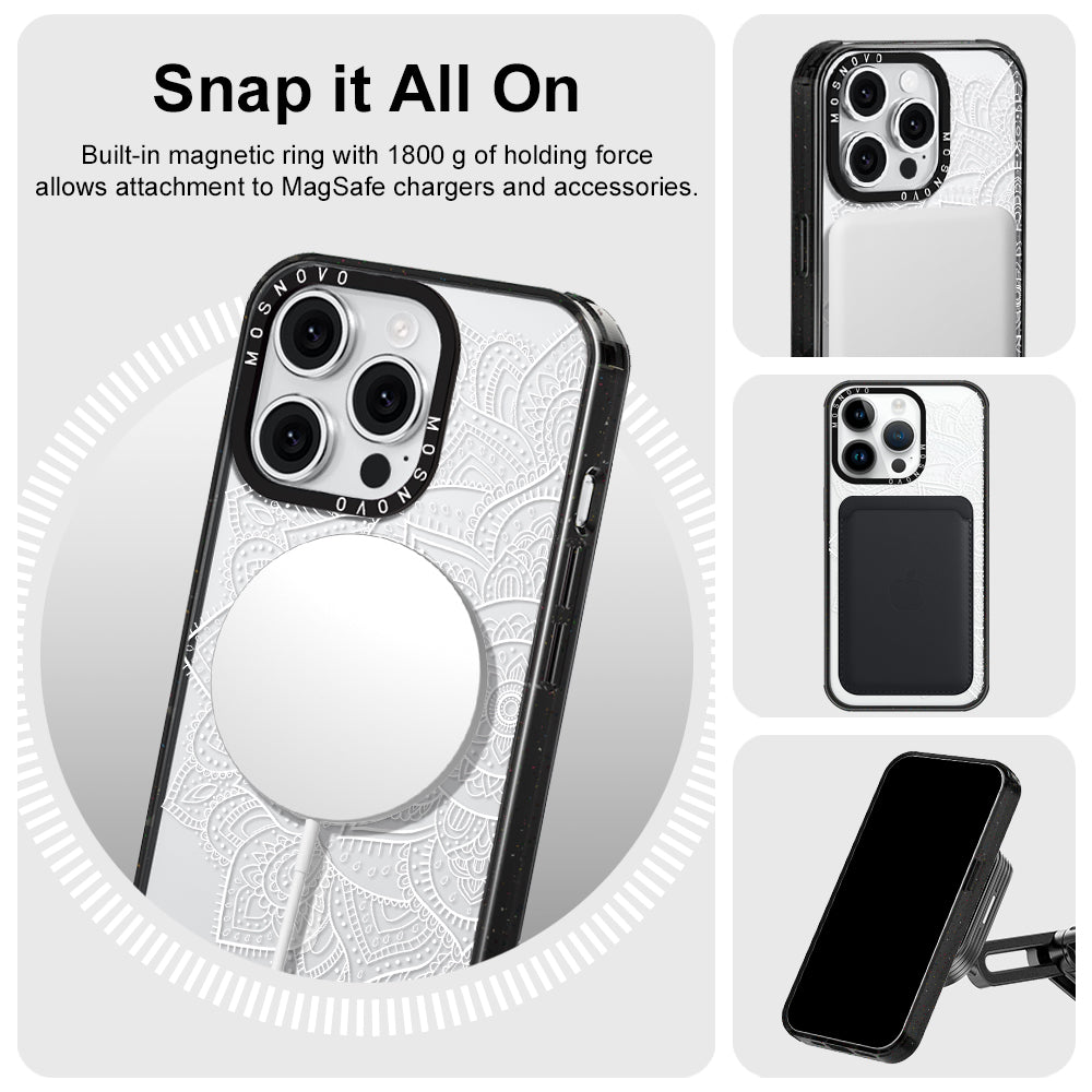 Half Mandala Phone Case - iPhone 14 Pro Case Clear Black ShockStone With MagSafe