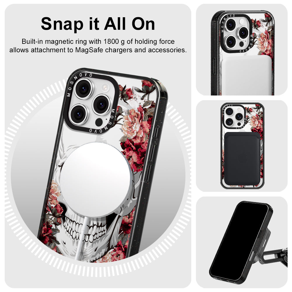 Red Flower Skull Phone Case - iPhone 16 Pro Max Case Clear Black ShockStone With MagSafe