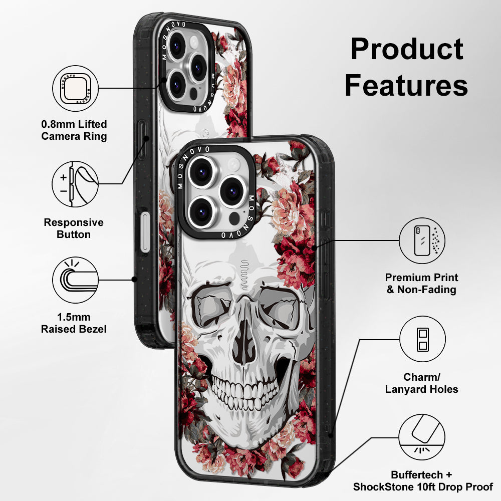 Red Flower Skull Phone Case - iPhone 16 Pro Max Case Clear Black ShockStone