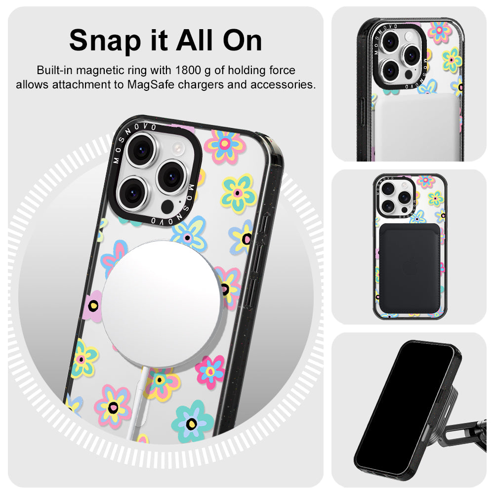 Groovy Flower Phone Case - iPhone 16 Pro Max Case Clear Black ShockStone With MagSafe