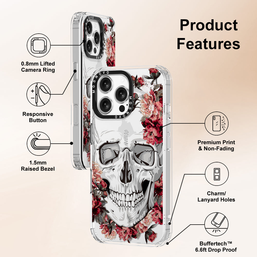 Red Flower Skull Phone Case - iPhone 16 Pro Max Case Clear