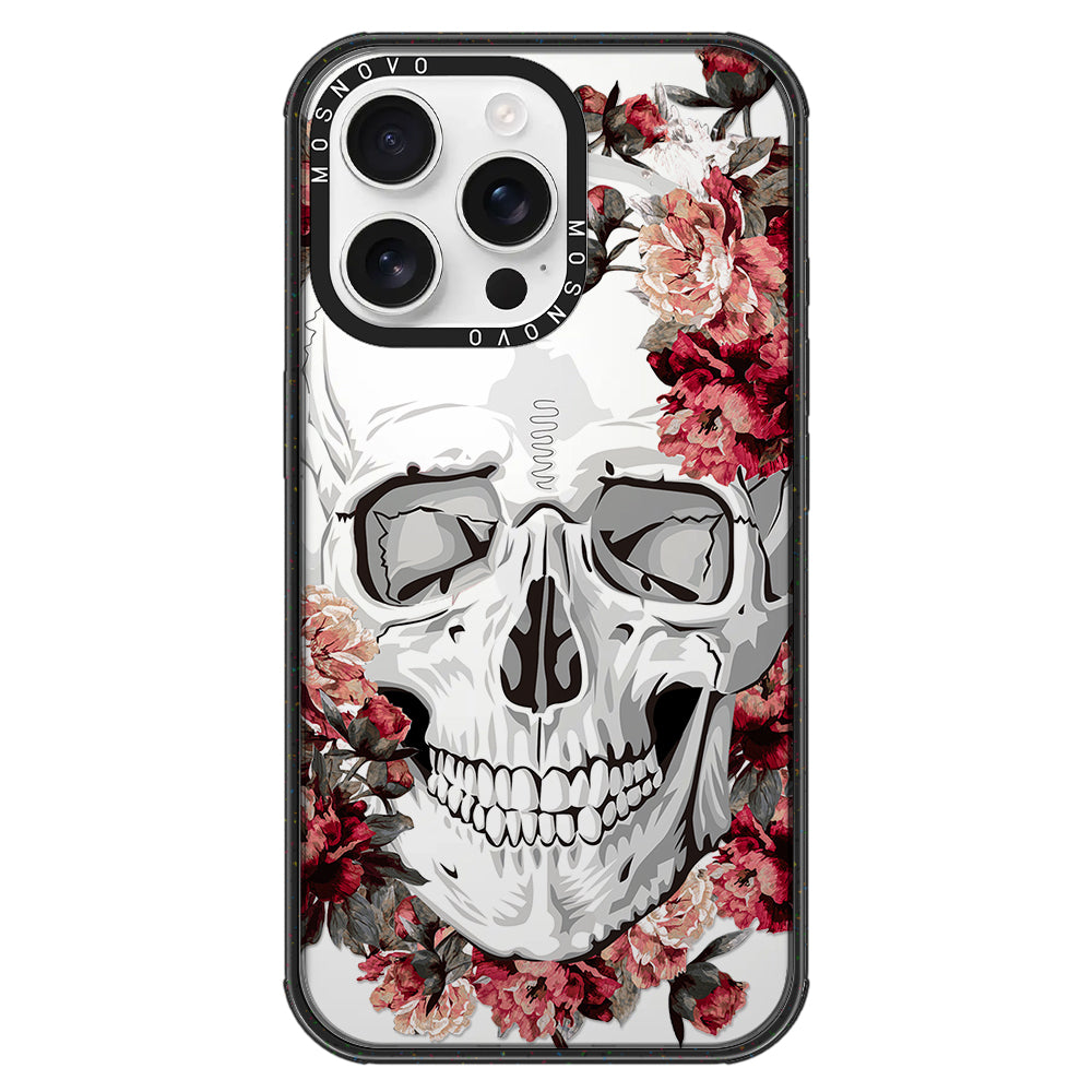 Red Flower Skull Phone Case - iPhone 16 Pro Max Case Clear Black ShockStone