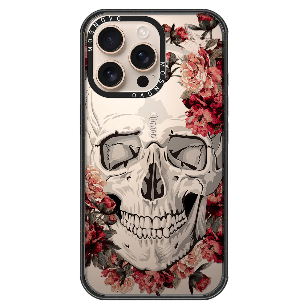 Red Flower Skull Phone Case - iPhone 16 Pro Max Case Clear Black ShockStone