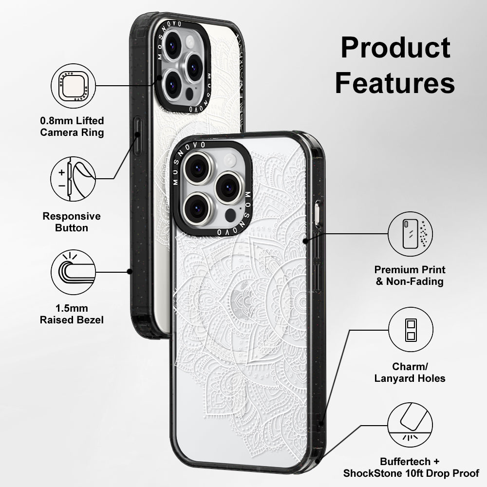 Half Mandala Phone Case - iPhone 14 Pro Case Clear Black ShockStone With MagSafe