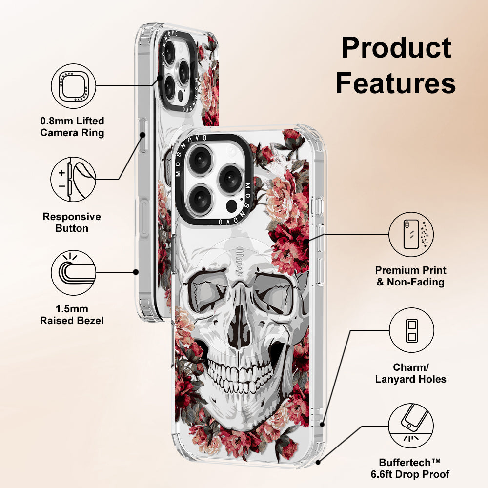 Red Flower Skull Phone Case - iPhone 16 Pro Max Case Clear With Magsafe