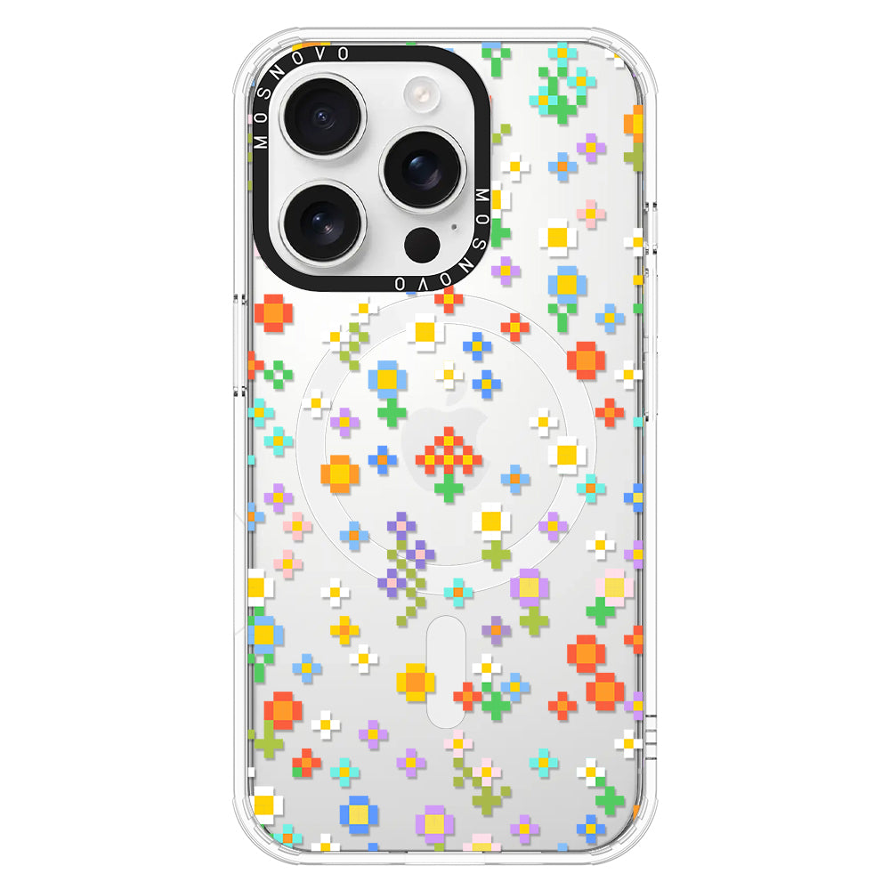 Pixel-Floral Phone Case - iPhone 16 Pro Case Clear With Magsafe