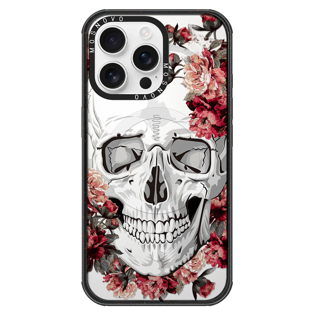 Red Flower Skull Phone Case - iPhone 16 Pro Max Case Clear Black ShockStone With MagSafe