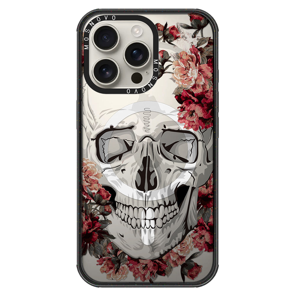 Red Flower Skull Phone Case - iPhone 16 Pro Max Case Clear Black ShockStone With MagSafe