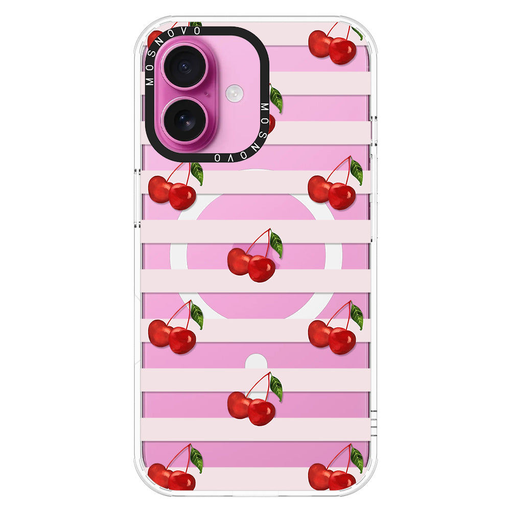 Pink Stripes Cherry Phone Case - iPhone 16 Plus Case - MOSNOVO