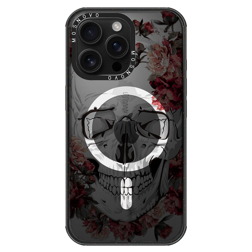 Red Flower Skull Phone Case - iPhone 16 Pro Max Case Clear Black ShockStone With MagSafe