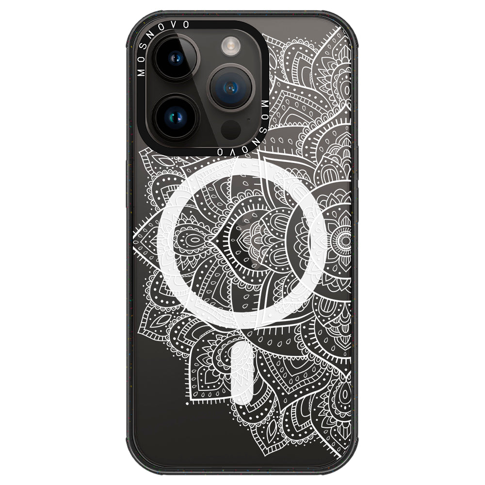 Half Mandala Phone Case - iPhone 14 Pro Case Clear Black ShockStone With MagSafe