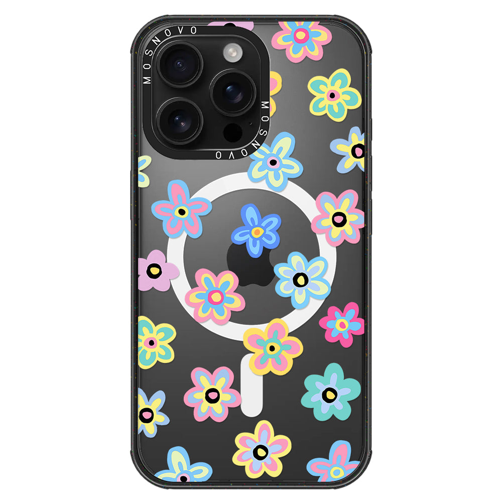 Groovy Flower Phone Case - iPhone 16 Pro Max Case Clear Black ShockStone With MagSafe