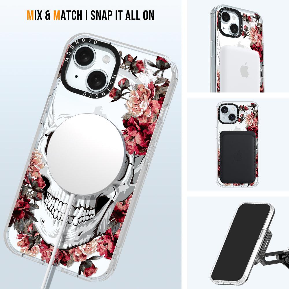 Red Flower Skull Phone Case - iPhone 15 Plus Case - MOSNOVO