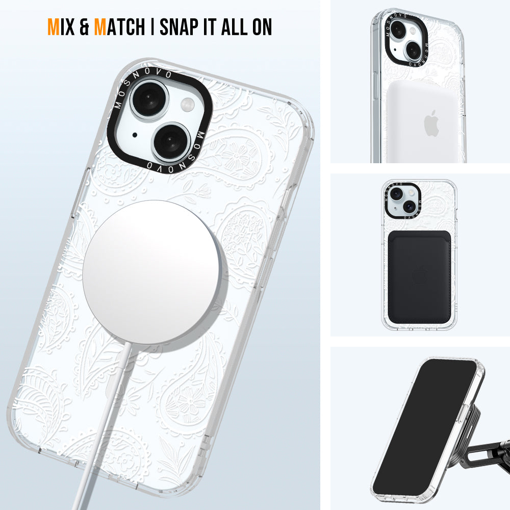 White Paisley Phone Case - iPhone 15 Plus Case - MOSNOVO