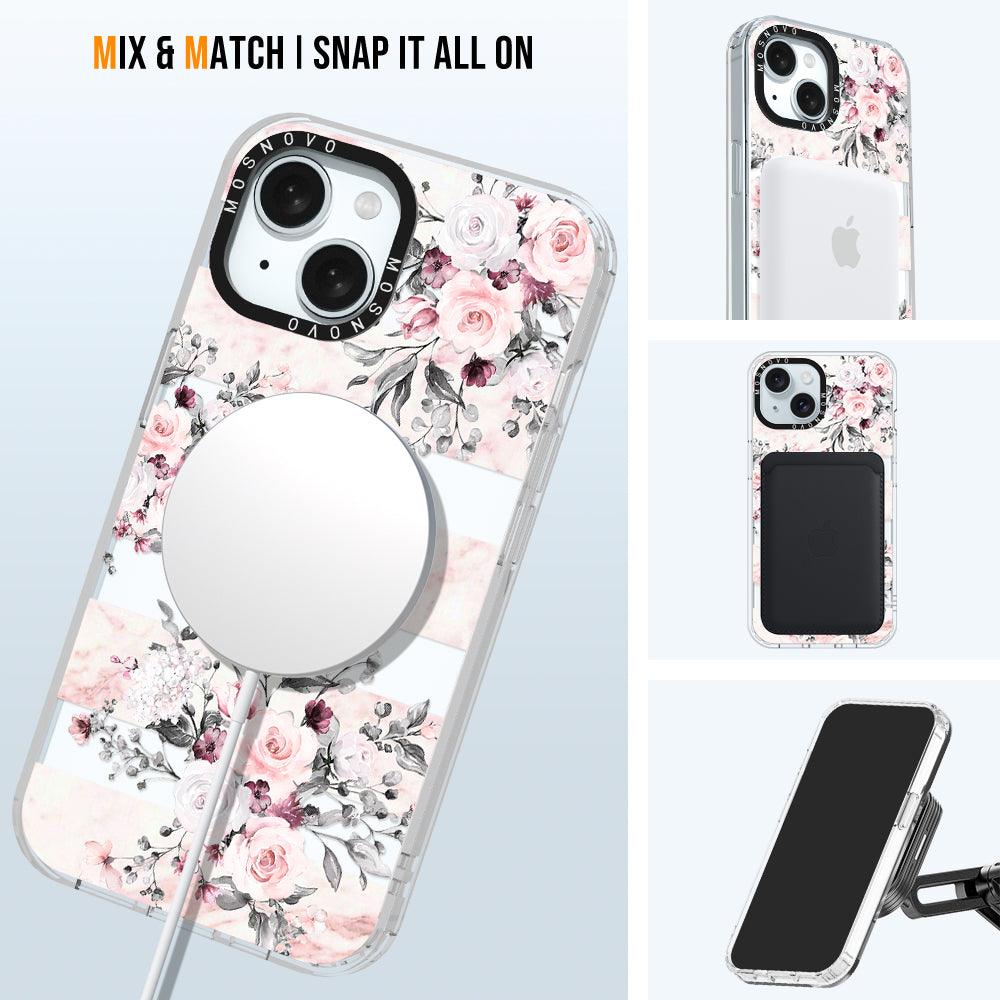 Pink Flower Marble Phone Case - iPhone 15 Case Clear With Magsafe