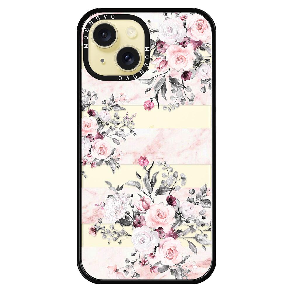 Pink Flower Marble Phone Case - iPhone 15 Case Black