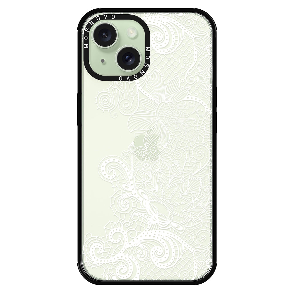 Lacy White Flower Phone Case - iPhone 15 Case Black