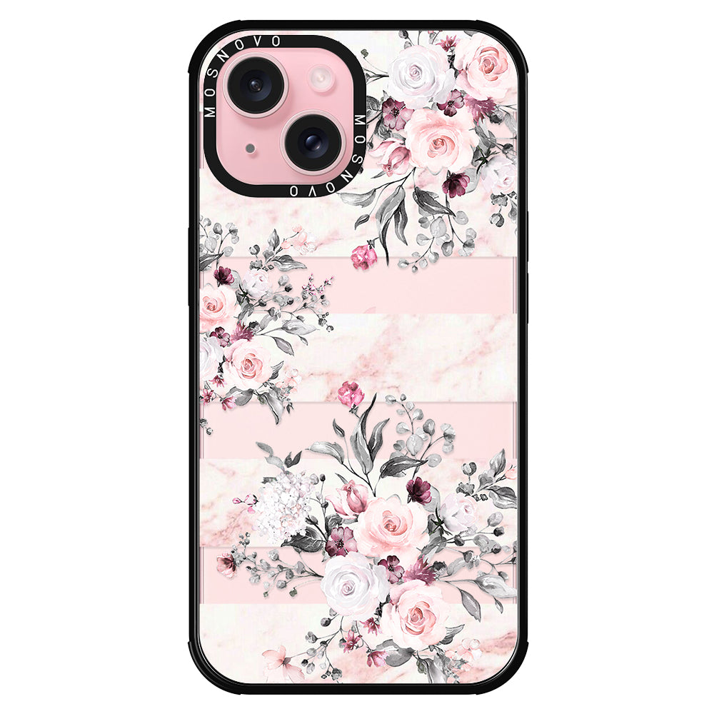 Pink Flower Marble Phone Case - iPhone 15 Case Black