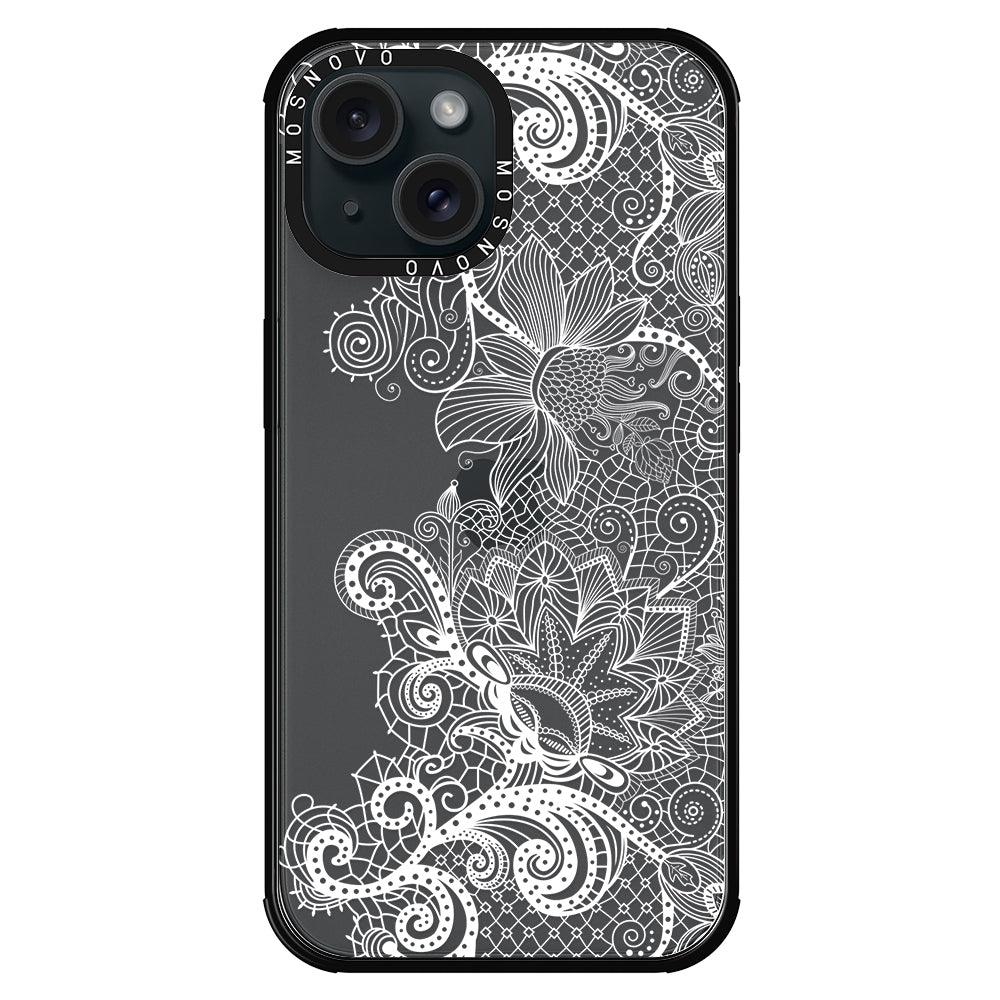 Lacy White Flower Phone Case - iPhone 15 Case Black