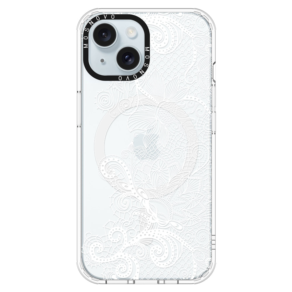 Lacy White Flower Phone Case - iPhone 15 Case Clear With Magsafe