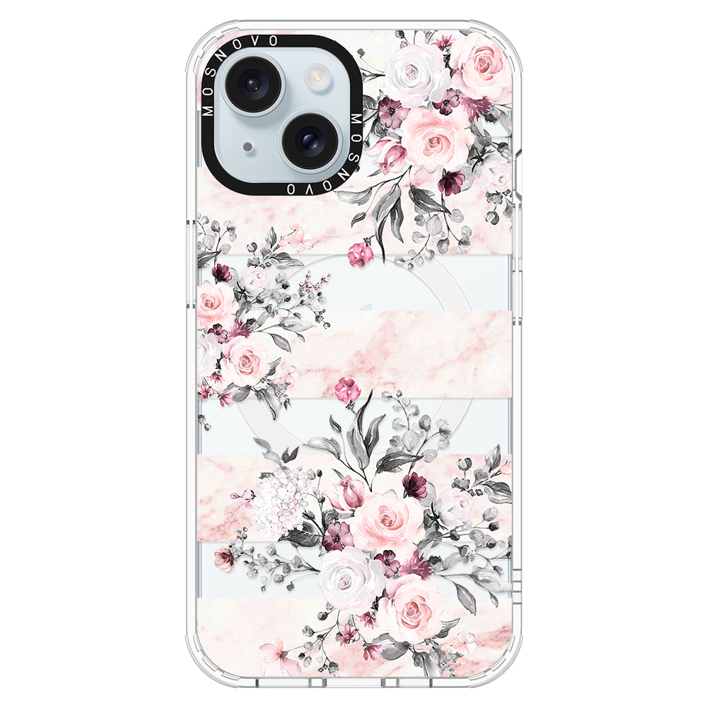 Pink Flower Marble Phone Case - iPhone 15 Case Clear With Magsafe