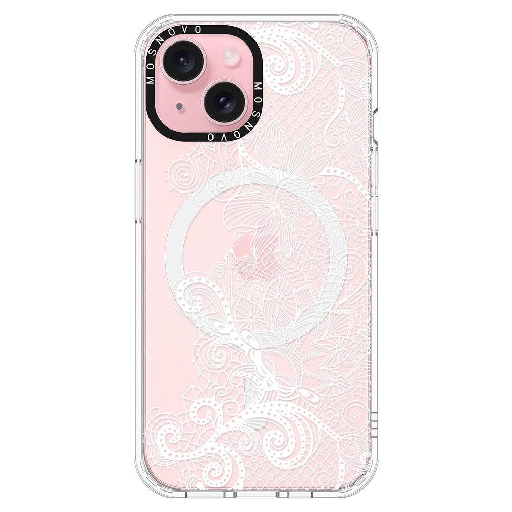 Lacy White Flower Phone Case - iPhone 15 Case Clear With Magsafe