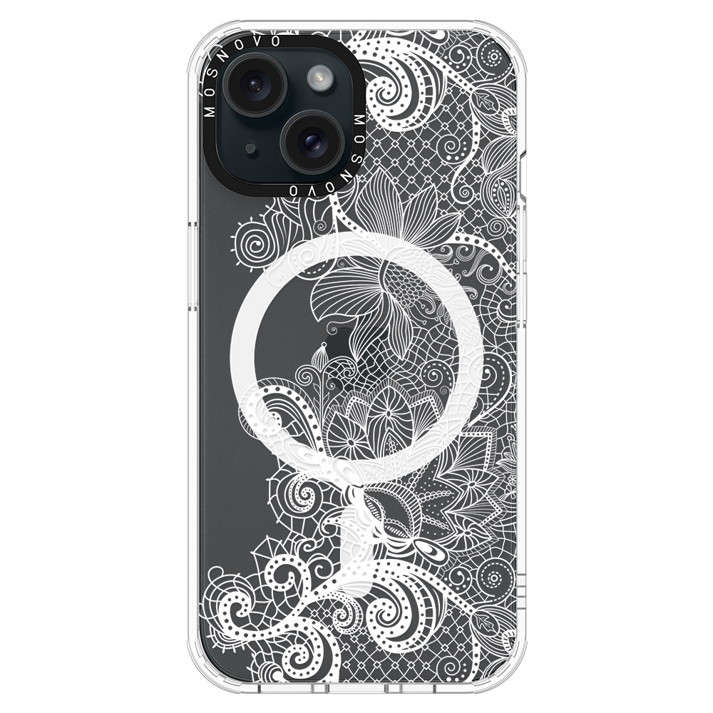 Lacy White Flower Phone Case - iPhone 15 Case Clear With Magsafe