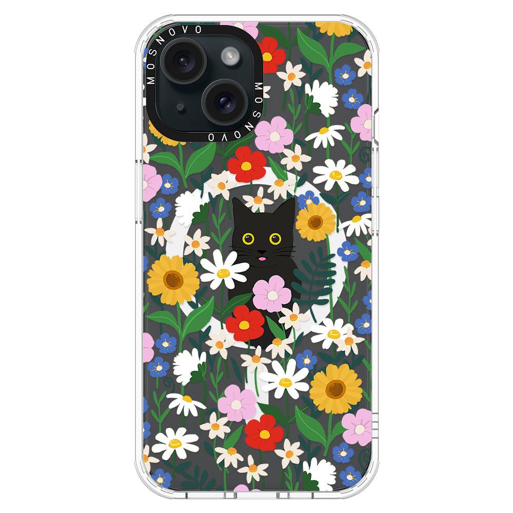 Black Cat in Garden Phone Case - iPhone 15 Case - MOSNOVO