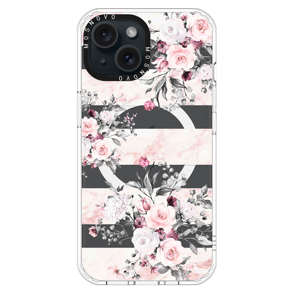 Pink Flower Marble Phone Case - iPhone 15 Case Clear With Magsafe